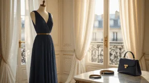 The Ultimate Styling a Classic A-Line Chiffon Dress: From Day to Night A bright Parisian apartment at golden hour featuring a navy A-line chiffon dress on a mannequin, sunlight streaming through large windows, a marble vanity with accessories, and a warm, dreamy atmosphere.