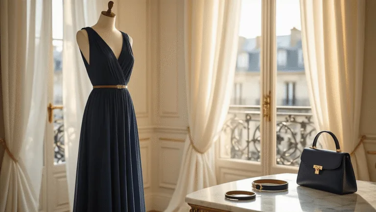 The Ultimate Styling a Classic A-Line Chiffon Dress: From Day to Night A bright Parisian apartment at golden hour featuring a navy A-line chiffon dress on a mannequin, sunlight streaming through large windows, a marble vanity with accessories, and a warm, dreamy atmosphere.