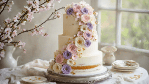 Almond Blossom Wedding Cake: An Artistic Culinary Masterpiece Photorealistic three-tiered wedding cake on antique silver stand, featuring delicate pastel buttercream flowers inspired by Van Gogh's almond blossoms, with edible gold leaf accents and a matte finish, displayed elegantly against a blurred warm ivory background.