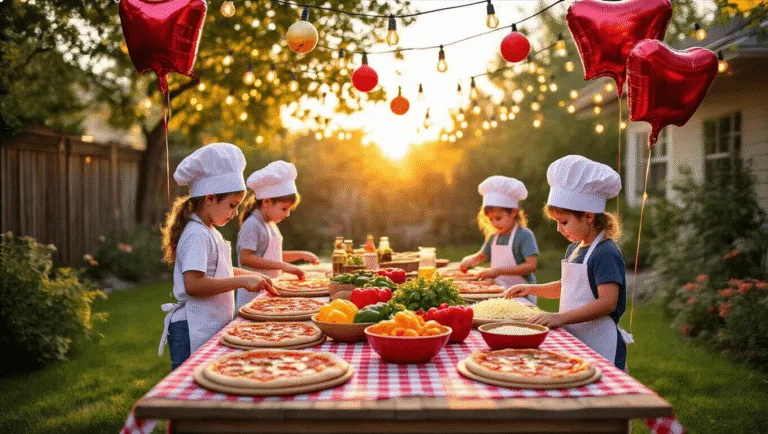 Pizza Party Paradise: The Ultimate Guide to Throwing an Unforgettable Birthday Bash A vibrant backyard pizza party at golden hour, featuring a rustic wooden table with a checkered tablecloth, DIY pizza stations with fresh ingredients, children making pizzas in chef hats, warm fairy lights overhead, and pizza-shaped balloons, all bathed in a golden sunset glow.