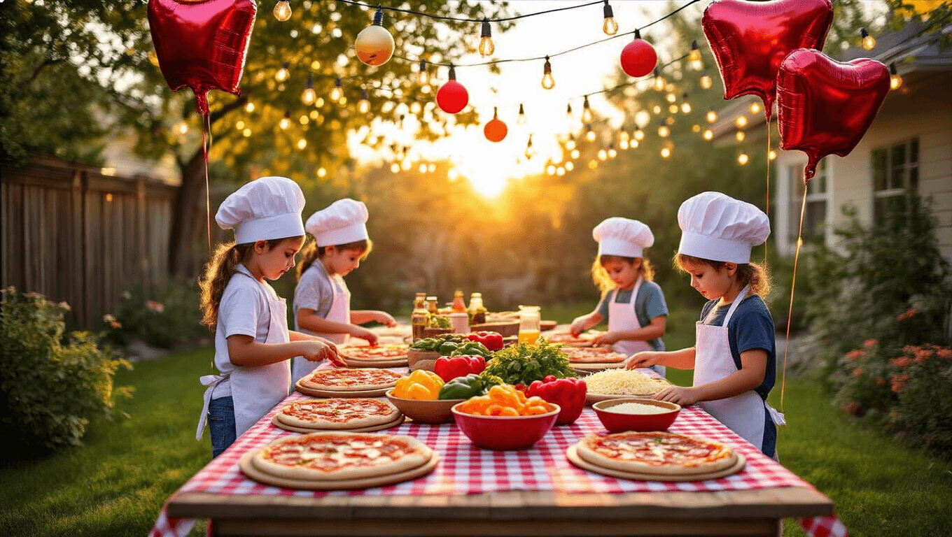 A vibrant backyard pizza party at golden hour, featuring a rustic wooden table with a checkered tablecloth, DIY pizza stations with fresh ingredients, children making pizzas in chef hats, warm fairy lights overhead, and pizza-shaped balloons, all bathed in a golden sunset glow.