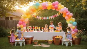 🍡 Popsicle Party Paradise: The Ultimate Summer Celebration Guide 🌞 A magical backyard popsicle party at golden hour featuring a DIY popsicle bar with rainbow-colored treats, children decorating popsicles, adults enjoying frozen champagne treats, and a whimsical balloon arch, all illuminated by fairy lights.