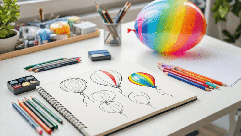 How to Draw Balloons: A Step-by-Step Guide for Beginners and Artists Photorealistic still life of an artist's workspace featuring a sketchbook with balloon drawing tutorials, colored markers, and pencils, illuminated by soft natural light, with a completed balloon illustration in the corner.