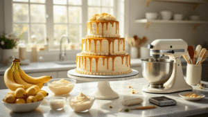Banana Caramel Wedding Cake: The Ultimate Showstopper Dessert A photorealistic scene of a three-tiered banana wedding cake on a pearl-white stand, drizzled with golden caramel, surrounded by ripe bananas, glass bowls of measured ingredients, and cake decorating tools, all illuminated by soft morning light.