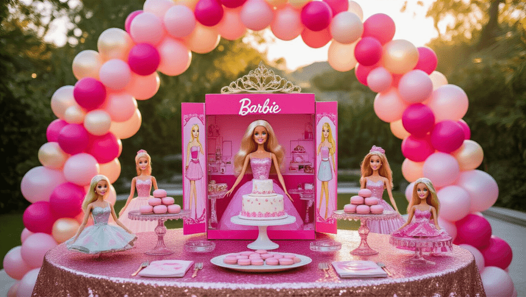 A Dreamy Barbie Birthday Bash: Your Ultimate Party Planning Guide A whimsical Barbie-themed birthday party setup featuring a grand balloon arch, life-sized DIY Barbie box photo station, luxurious tablescape with vintage Barbie dolls, and fairy lights, all bathed in golden hour sunlight.