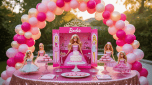A Dreamy Barbie Birthday Bash: Your Ultimate Party Planning Guide A whimsical Barbie-themed birthday party setup featuring a grand balloon arch, life-sized DIY Barbie box photo station, luxurious tablescape with vintage Barbie dolls, and fairy lights, all bathed in golden hour sunlight.