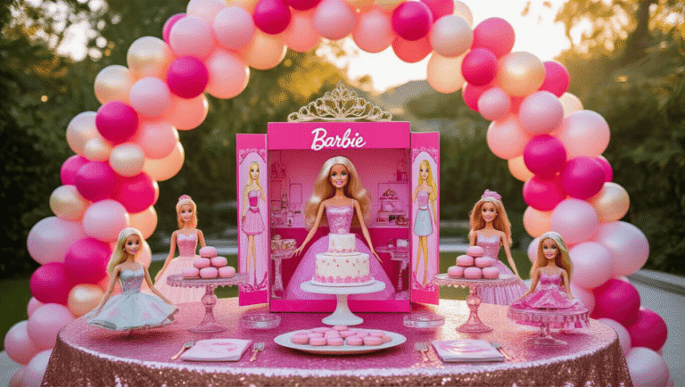 A Dreamy Barbie Birthday Bash: Your Ultimate Party Planning Guide A whimsical Barbie-themed birthday party setup featuring a grand balloon arch, life-sized DIY Barbie box photo station, luxurious tablescape with vintage Barbie dolls, and fairy lights, all bathed in golden hour sunlight.