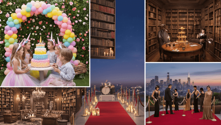 Epic Birthday Party Themes 2025: Your Ultimate Guide to Unforgettable Celebrations A cinematic collage of four unique birthday party scenes: a whimsical unicorn garden party, a vintage library escape room, an elegant rooftop Hollywood party, and a vibrant superhero party, all photographed in 8K ultra HD with dramatic lighting and intricate details.