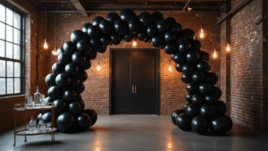 Black Balloons: The Ultimate Guide to Dramatic and Sophisticated Event Styling Hyperrealistic wide shot of an industrial loft entrance with a luxurious black balloon installation, featuring exposed brick walls and warm Edison lighting, showcasing varying sizes of black balloons in an organic arch, alongside silver metallic and transparent confetti-filled balloons, with a vintage bar cart in the foreground.