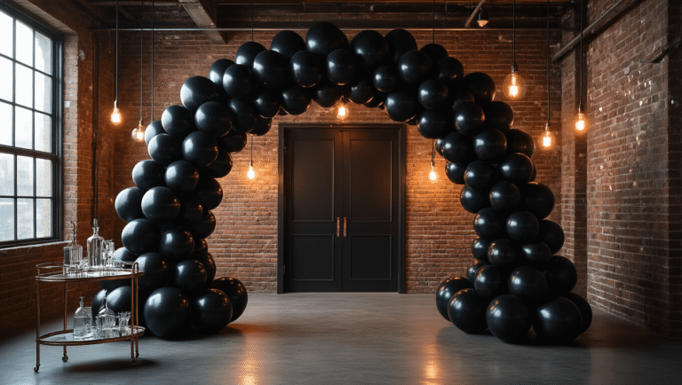 Black Balloons: The Ultimate Guide to Dramatic and Sophisticated Event Styling Hyperrealistic wide shot of an industrial loft entrance with a luxurious black balloon installation, featuring exposed brick walls and warm Edison lighting, showcasing varying sizes of black balloons in an organic arch, alongside silver metallic and transparent confetti-filled balloons, with a vintage bar cart in the foreground.