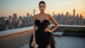10 Fabulous Ways to Style a Feather-Trim Party Dress A glamorous model in a black midi dress with ostrich feather trim poses on a rooftop terrace at golden hour, with the Manhattan skyline in the background, showcasing a high-end fashion look with sleek hair, red lips, and silver accessories.