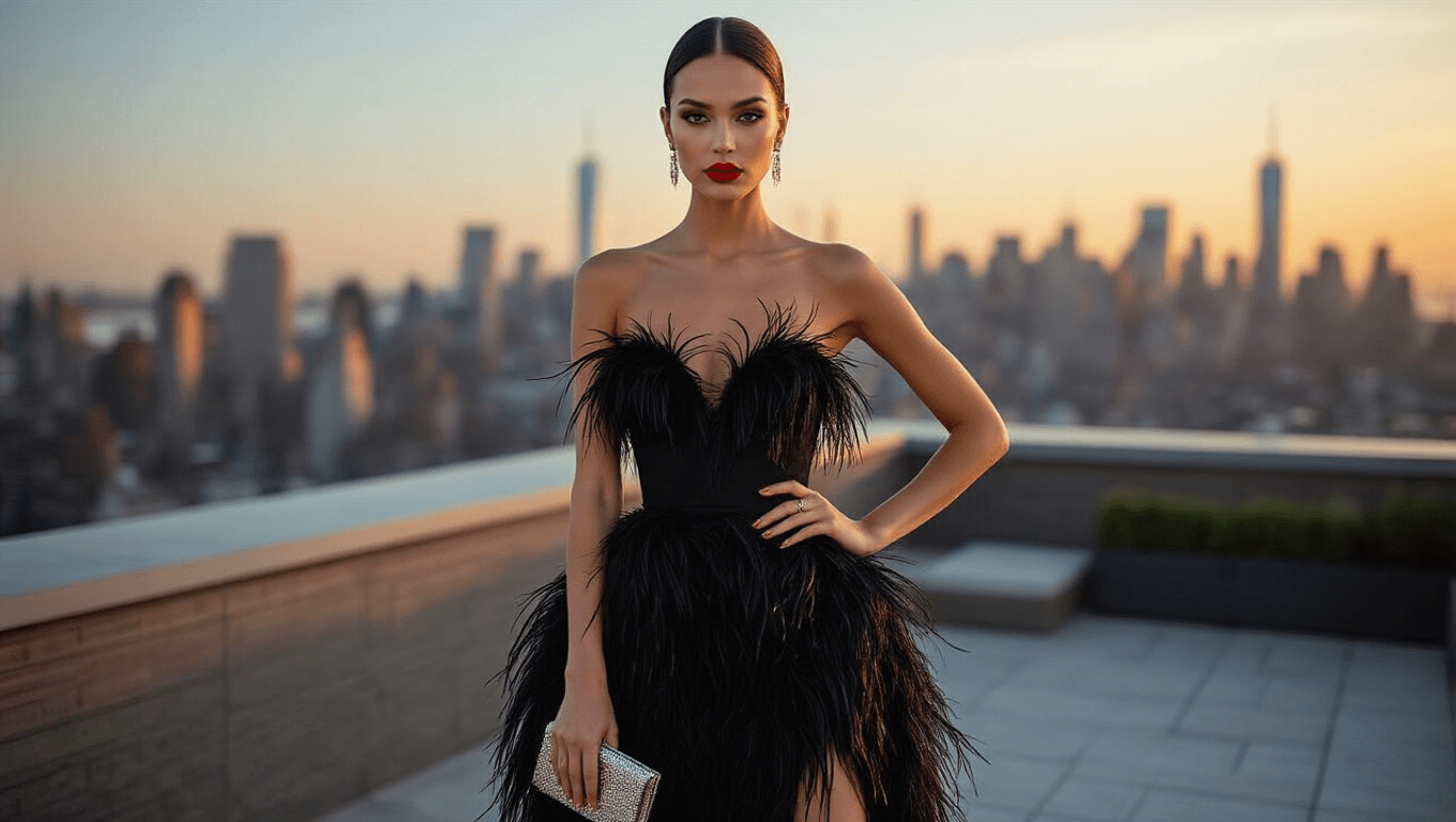 A glamorous model in a black midi dress with ostrich feather trim poses on a rooftop terrace at golden hour, with the Manhattan skyline in the background, showcasing a high-end fashion look with sleek hair, red lips, and silver accessories.