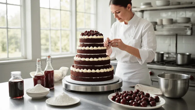 Black Forest Wedding Cake: The Ultimate German Dessert Masterpiece A professional kitchen scene with a three-tiered Black Forest wedding cake being assembled, featuring dark chocolate sponge layers, morello cherries, and whipped cream. A pastry chef pipes rosettes with mascarpone cream, surrounded by baking tools and ingredients. The setting is illuminated by natural light, showcasing a rich color palette and high-end food photography aesthetics.