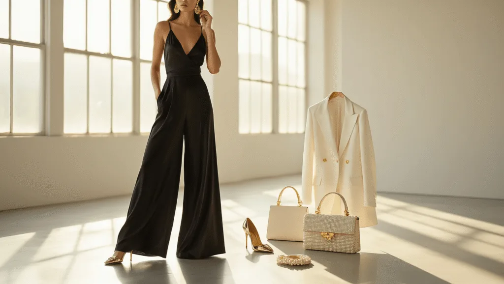 10 Stylish Ways to Rock a Wide-Leg Jumpsuit in 2025 A fashion influencer in a black wide-leg jumpsuit adjusts gold earrings in a sunlit minimalist loft, featuring designer accessories like a white blazer and metallic stilettos, with warm natural light and bokeh effects.