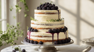 Blackberry Thyme Wedding Cake: A Romantic Culinary Masterpiece A three-tiered wedding cake with ivory cream cheese frosting and blackberry compote, adorned with fresh blackberries and thyme, showcased on an antique silver stand in soft golden light.