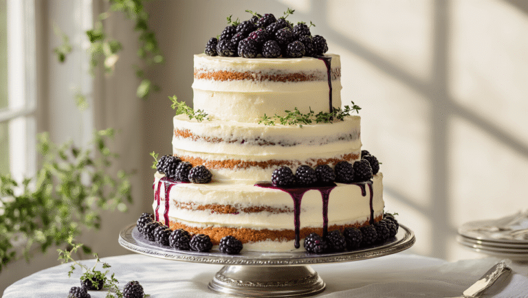 Blackberry Thyme Wedding Cake: A Romantic Culinary Masterpiece A three-tiered wedding cake with ivory cream cheese frosting and blackberry compote, adorned with fresh blackberries and thyme, showcased on an antique silver stand in soft golden light.