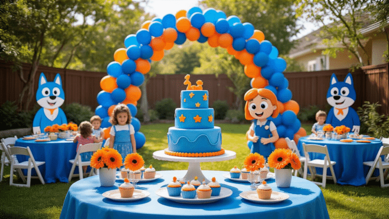 Ultimate Bluey Birthday Party Guide: Creating Magical Memories for Kids A vibrant Bluey-themed backyard birthday party scene with a balloon arch, a three-tiered Bluey cake, colorful cupcakes, and children playing beneath fairy lights, all set in a sun-drenched atmosphere.