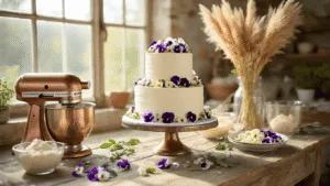 Boho Wedding Cake: A Rustic Botanical Masterpiece Ultra-detailed shot of a three-tiered wedding cake on a rustic wooden table, surrounded by edible flowers, dried pampas grass, and ingredients, with a soft, dreamy atmosphere and muted earth tones.