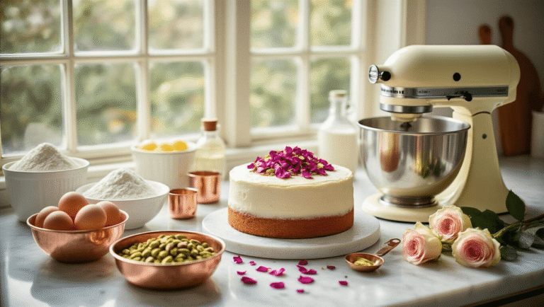 Cardamom Rose Wedding Cake: A Romantic Culinary Masterpiece Elegant kitchen scene featuring a wedding cake preparation with cardamom and rose ingredients, including crystalline sugar, farm-fresh eggs, and dried rose petals, captured in soft natural sunlight on a marble countertop with pastel tones and high-end styling.