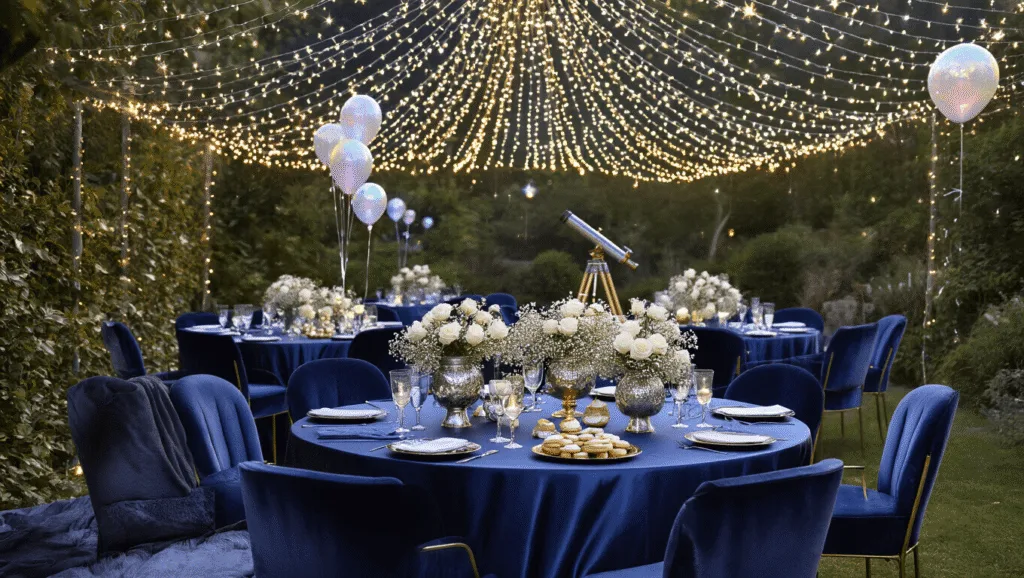 Celestial Magic: How to Create the Perfect Star Birthday Party A beautifully arranged outdoor garden party at dusk, featuring round tables with midnight blue silk cloths, silver vases of white roses, twinkling fairy lights overhead, velvet lounge chairs, and a brass telescope for stargazing, all bathed in a dreamy, soft light.
