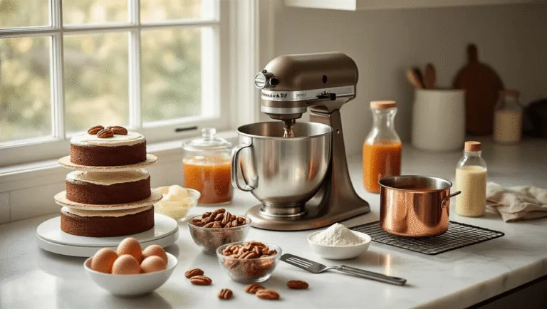 Decadent Chocolate Caramel Pecan Wedding Cake Photorealistic baking scene on a white marble countertop featuring a metallic KitchenAid stand mixer, arranged ingredients including cake pans, eggs, cocoa powder, flour, toasted pecans, caramel sauce, and vanilla extract, bathed in soft natural light with warm and sophisticated mood, shallow depth of field focusing on central workspace.