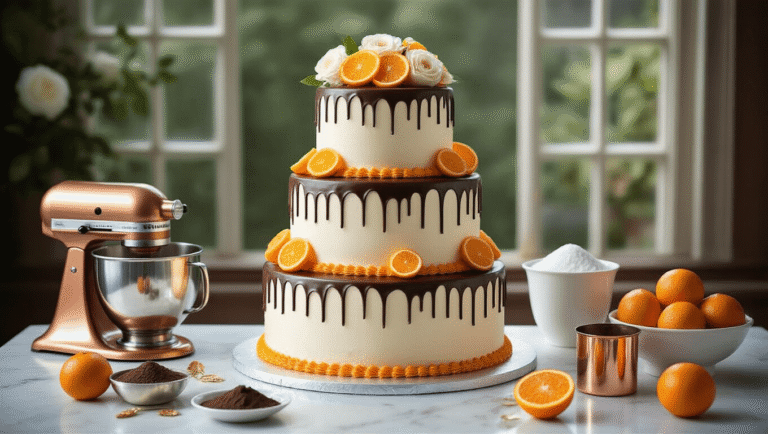 Decadent Chocolate Orange Wedding Cake: A Luxurious Celebration Centerpiece Photorealistic three-tiered chocolate orange wedding cake displayed on a silver pedestal, featuring dark chocolate ganache drips, orange-infused buttercream, candied orange slices, and fresh white garden roses, surrounded by baking ingredients on a white marble counter.