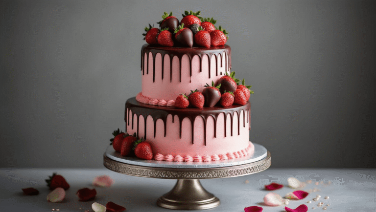 Decadent Chocolate-Covered Strawberry Wedding Cake: A Luxurious Celebration Dessert A stunning three-tiered chocolate wedding cake with pink strawberry buttercream, adorned with chocolate-dipped strawberries and rose gold leaf accents, displayed on an ornate silver stand against a grey backdrop.