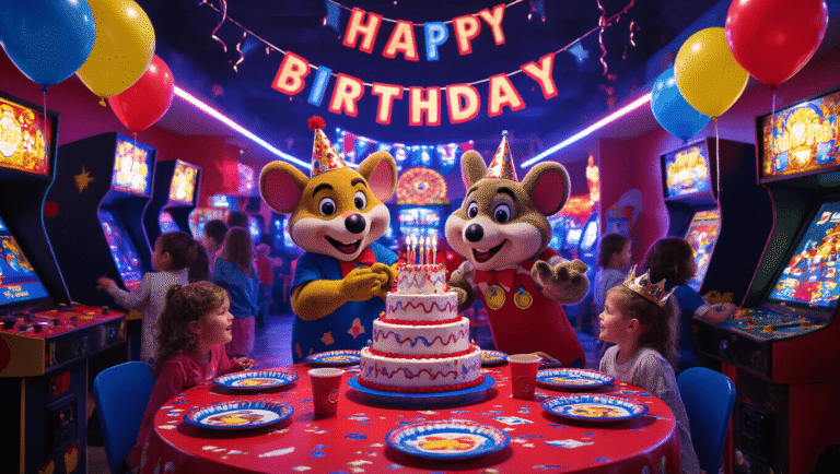 The Ultimate Guide to a Memorable Chuck E. Cheese Birthday Party: Everything You Need to Know Photorealistic indoor scene of a Chuck E. Cheese birthday party featuring a festive table with red and blue decorations, character-branded plates, and a towering cake, with excited children playing games, Chuck E. Cheese mascot interacting with the birthday child, colorful LED-lit arcade machines, helium balloons, and a "Happy Birthday" banner, all under dynamic neon lighting.