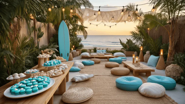 Surf's Up: The Ultimate Guide to Creating an Epic Beach-Themed Birthday Party A beautifully styled backyard party themed around surfing, featuring a dessert table with blue macarons and seashell cookies, low wooden tables with floor cushions, string lights, and tropical decorations, all captured in warm golden hour lighting.