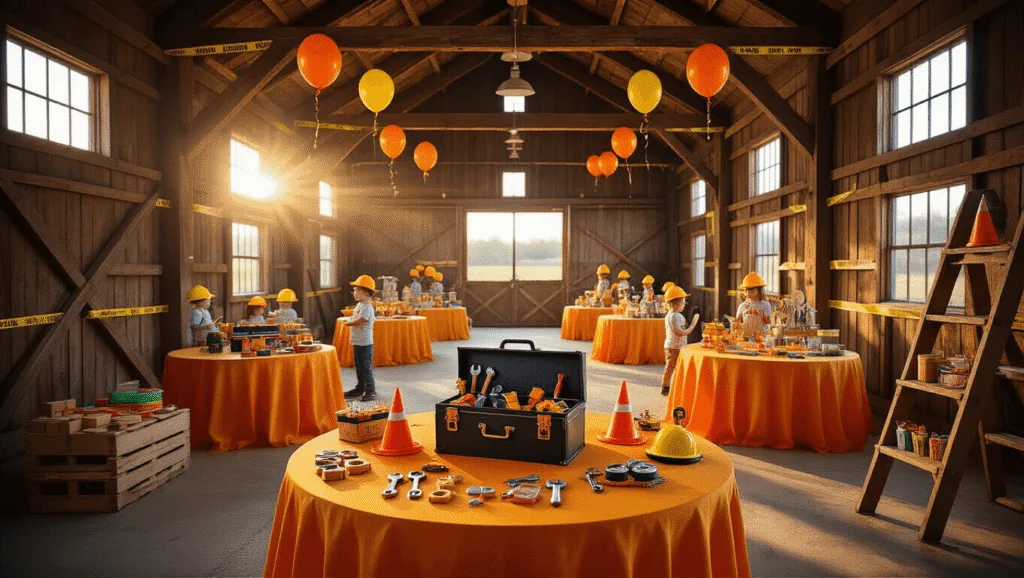 Hammer Down the Fun: Planning the Ultimate Tool-Themed Birthday Party for Little Builders A brightly lit rustic barn interior transformed for a construction-themed party, featuring orange and yellow decor, round tables with toy tool centerpieces, and children engaging in activities, all bathed in warm golden hour light.