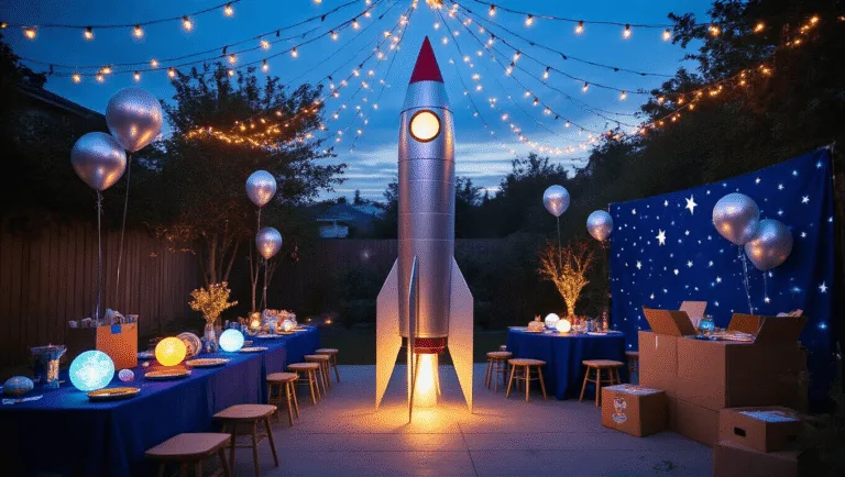 Out of This World: The Ultimate Guide to Creating a Stellar Rocket Birthday Party A magical backyard birthday party at dusk, featuring a towering silver rocket centerpiece, glowing planet-themed tablescapes, twinkling fairy lights overhead, and a DIY rocket building station, all captured in a cinematic wide-angle shot with atmospheric lighting.