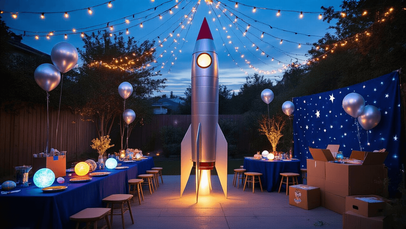 A magical backyard birthday party at dusk, featuring a towering silver rocket centerpiece, glowing planet-themed tablescapes, twinkling fairy lights overhead, and a DIY rocket building station, all captured in a cinematic wide-angle shot with atmospheric lighting.