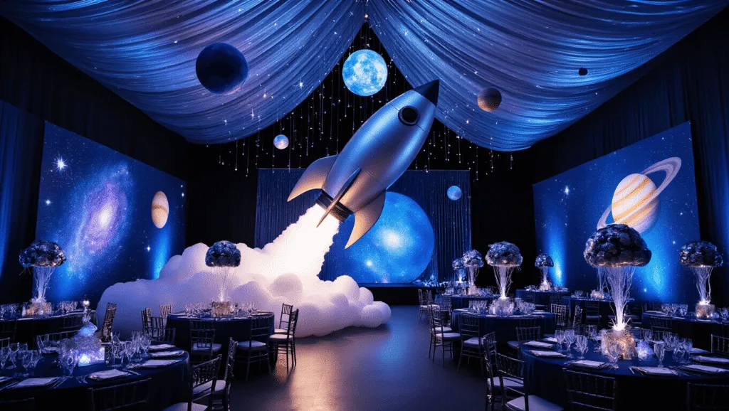 Blast Off to an Unforgettable Space Birthday Party: The Ultimate Cosmic Celebration Guide A wide-angle shot of a space-themed birthday party in a dimly lit ballroom featuring a silver inflatable rocket, glowing centerpieces, and a galaxy backdrop, with colorful lighting and interactive astronaut stations.