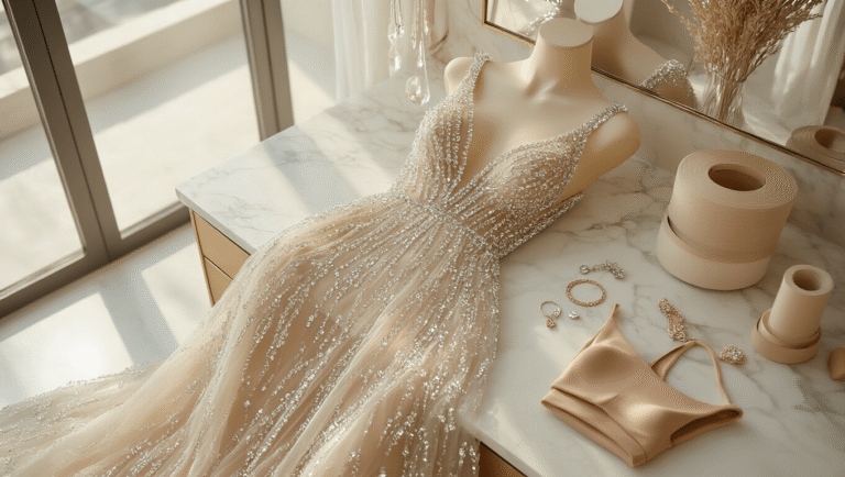 How to Style a Crystal-Embellished Mesh Dress Elegant crystal-embellished mesh dress draped over a minimalist white marble vanity, surrounded by styling essentials in soft natural light.