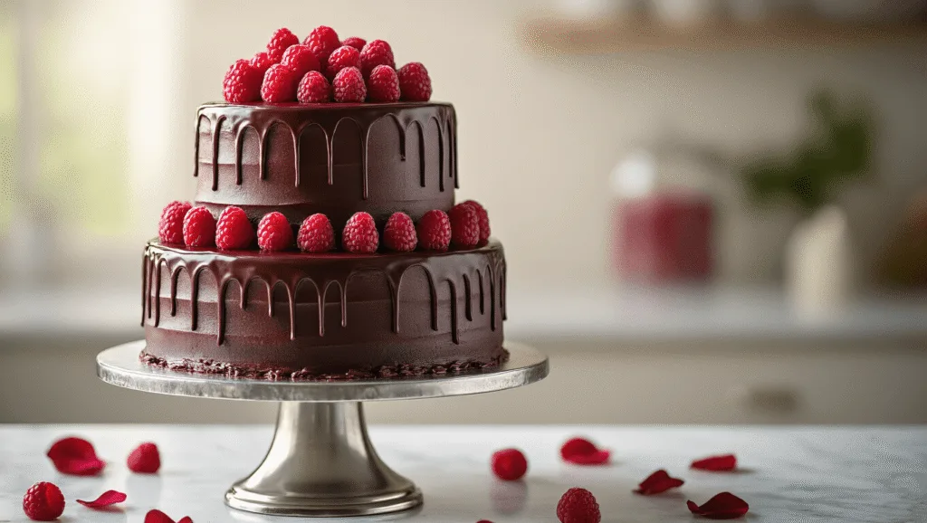 Dark Chocolate Raspberry Wedding Cake: A Decadent Celebration Dessert An elegant three-tiered dark chocolate wedding cake with fresh raspberries and white chocolate shavings on a silver pedestal, set against a softly blurred background, featuring rich ganache, a vibrant raspberry filling, and delicate details in a professional bakery setting.