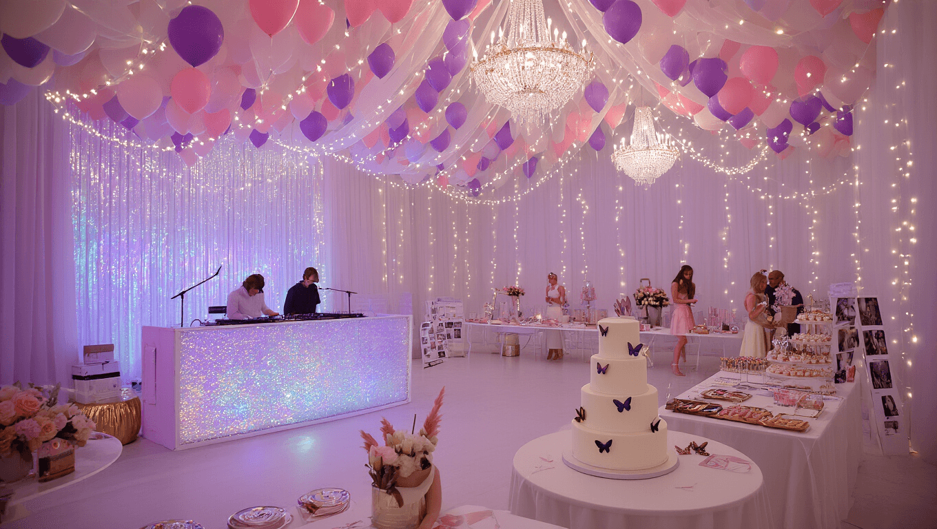 Ultra-wide image of a dreamy ballroom party with pastel pink and lavender balloon garlands, a glittering DJ booth, a friendship bracelet making table, and a dessert display featuring a 3-tier white cake. Fairy lights create a twinkling canopy, with tables decorated with peonies and gold accents, all captured in soft, ethereal lighting and a professional photography style.