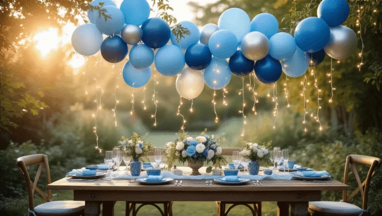 Blue Balloons: The Ultimate Guide to Styling, Photography, and Event Decor A dreamy enchanted garden wedding reception at golden hour, adorned with cascading blue balloon installations above a rustic wooden table, featuring soft fairy lights, vintage china, and white linens, captured in a photorealistic style with golden sunlight and bokeh effects.