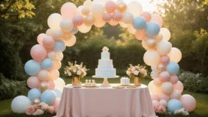 Ultimate Guide to Baby Shower Balloons: Creating Magical Moments on a Budget A dreamy outdoor baby shower setup featuring a grand organic balloon arch in soft pastels framing a dessert table with a tiered diaper cake, captured during golden hour with natural sunlight filtering through the manicured garden greenery, blush linen-draped tables, and ethereal décor elements like Moroccan lanterns and fairy lights.