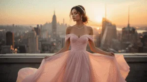 HOW TO ROCK AN OFF-THE-SHOULDER PASTEL GOWN: YOUR COMPLETE STYLE A model wearing a blush pink off-shoulder gown stands against a NYC skyline at sunset, captured from a low angle with soft bokeh lighting, pearl hair accessories, and minimal diamond jewelry, creating an elegant and dreamy atmosphere.