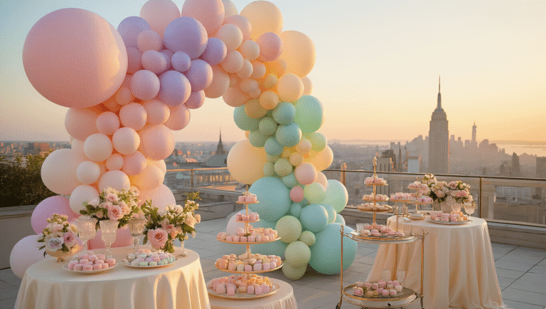 Pastel Balloons: The Ultimate Guide to Soft, Elegant Event Decor A luxurious rooftop terrace at golden hour featuring an elegant pastel balloon installation, cream silk-draped tables with floral centerpieces, a vintage dessert cart, and a stunning city skyline backdrop, all enhanced by warm sunset light and ethereal string lights.