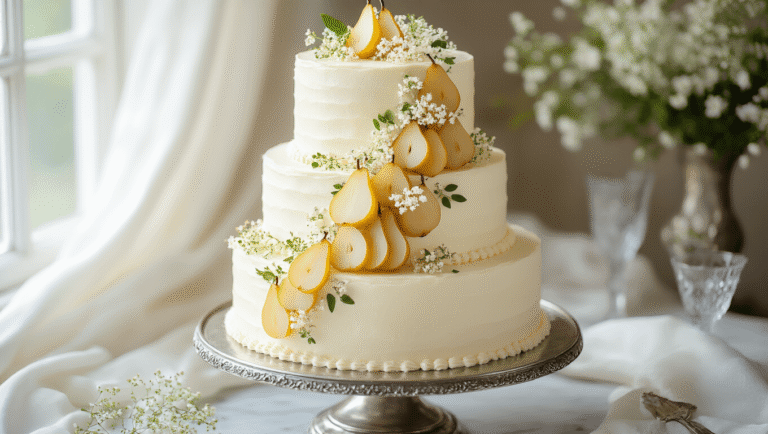 Elderflower Pear Wedding Cake: A Romantic Culinary Masterpiece Three-tiered wedding cake on a vintage silver stand, featuring ivory buttercream with crystallized pear slices and elderflower sprigs, surrounded by soft silk drapery and crystal elements.