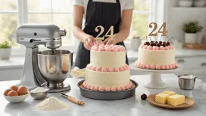 24th Birthday Cake: The Ultimate Celebration Centerpiece Photorealistic image of a two-layer birthday cake preparation on a marble countertop, featuring a stand mixer, fresh ingredients, and decorated cake with vanilla buttercream, pink rosettes, and a "24" topper, all in soft natural lighting.