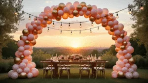 Balloon Decorations: The Ultimate Guide to Transforming Any Event from Ordinary to Extraordinary Luxurious garden party at golden hour featuring an ombré balloon arch in blush pink, peach, and champagne gold, framing a rustic dining setup with silk tablecloths and floral centerpieces, illuminated by vintage string lights, captured in photorealistic detail.