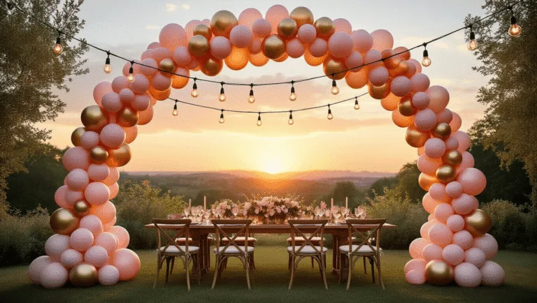 Balloon Decorations: The Ultimate Guide to Transforming Any Event from Ordinary to Extraordinary Luxurious garden party at golden hour featuring an ombré balloon arch in blush pink, peach, and champagne gold, framing a rustic dining setup with silk tablecloths and floral centerpieces, illuminated by vintage string lights, captured in photorealistic detail.
