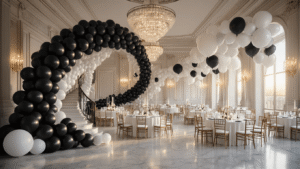 Black and White Balloons: The Ultimate Guide to Stunning Event Decor A grand ballroom adorned with a black and white balloon installation during golden hour, featuring a spiral staircase with an ombré balloon arch, elegant round tables, and cascading balloon garlands, all illuminated by crystal chandeliers and reflecting off marble flooring.