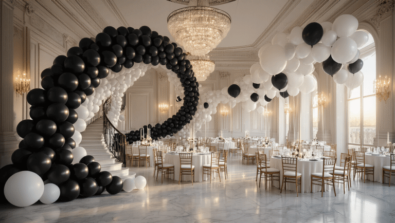 Black and White Balloons: The Ultimate Guide to Stunning Event Decor A grand ballroom adorned with a black and white balloon installation during golden hour, featuring a spiral staircase with an ombré balloon arch, elegant round tables, and cascading balloon garlands, all illuminated by crystal chandeliers and reflecting off marble flooring.