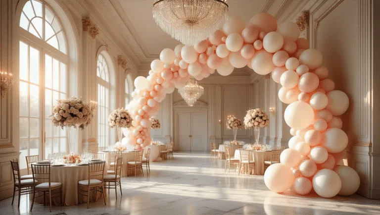Balloons: The Ultimate Event Decor Guide - From DIY to Luxury Styling A grand ballroom adorned with a sweeping organic balloon arch in blush pink, cream, and pearl white, illuminated by golden hour lighting through floor-to-ceiling windows, featuring round tables with champagne silk linens and floating bubble balloons filled with rose petals.