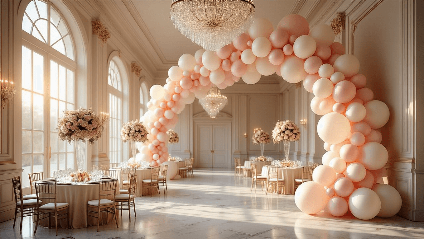 A grand ballroom adorned with a sweeping organic balloon arch in blush pink, cream, and pearl white, illuminated by golden hour lighting through floor-to-ceiling windows, featuring round tables with champagne silk linens and floating bubble balloons filled with rose petals.