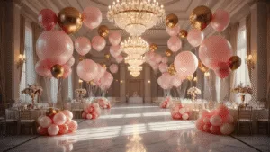 Ultimate Guide to Helium Balloons: Elevate Your Party Decorations A luxurious grand ballroom adorned with floating helium balloons in blush pink, cream, and gold, featuring crystal chandeliers casting warm light, marble flooring reflecting elegant table settings, and atmospheric haze creating a celebratory ambiance.