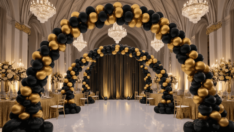 Stunning Black and Gold Balloons: The Ultimate Party Decor Guide A grand ballroom celebration with black and gold balloon garlands, elegant balloon arch, soft amber lighting, gold sequin tablecloths, and dramatic shadows from golden hour light streaming through windows, captured in hyperrealistic detail.